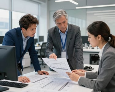Close-up of engineers reviewing detailed railway system blueprints in a high-tech office.