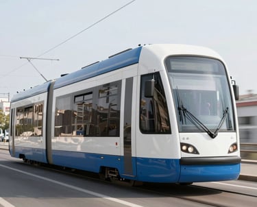 Modern tram undergoing state-of-the-art rolling stock modernization in a clean industrial facility.