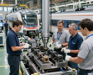 An engineering team analyzing complex railway system blueprints in a modern industrial workspace with metallic surfaces and advanced digital tools.