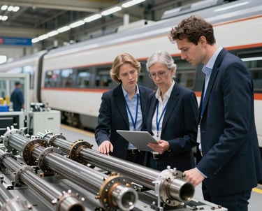 Close-up of a sleek, modern tram undergoing precision modernization work within a high-tech facility.