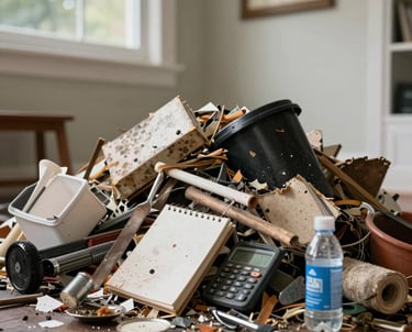 A pile of construction debris and household clutter including a calculator and water bottle on a wood floor.