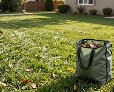 A green reusable garden waste bag filled with dry autumn leaves on a sunny green lawn.