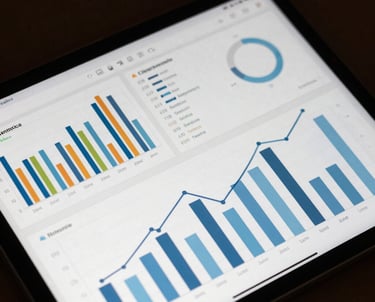 A tablet screen displaying a detailed music analytics interface with colorful bar charts and growth trends in shades of sky blue and slate.