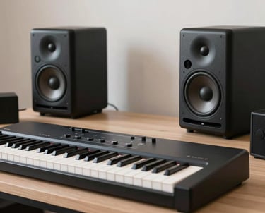 A clean and minimalist home music studio setup in a South Asian urban apartment, featuring high-quality speakers and a MIDI keyboard.