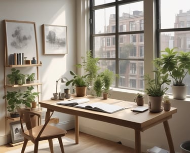 A calm workspace with a laptop, notebook, and soft blue accents reflecting focus and clarity.