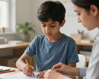 A focused South Asian child engaged in a skill development activity with a therapist in a sunlit room, high-quality photography, conveying a sense of progress and hope.