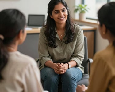 A professional South Asian female counselor talking warmly with a group of parents in a comfortable office setting in Hyderabad, natural lighting, trustworthy and supportive atmosphere.