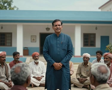 A portrait-style photograph of a community leader in South Asian traditional attire, addressing a group of attentive rural citizens in a courtyard. The architecture is clean and modern yet culturally rooted. The lighting is cinematic, emphasizing trust and strong leadership. Colors include deep blues and light sky blue.