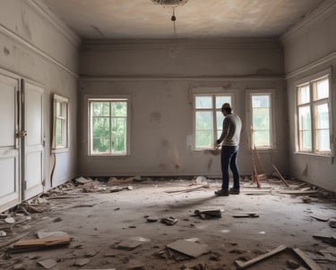 A skilled worker renovating a cozy living room in a traditional Ipoh house.