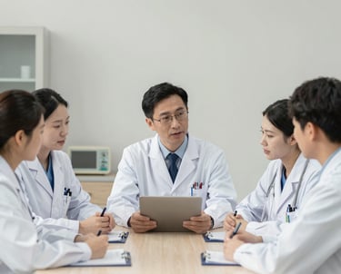 Construction workers repairing a damaged building exterior under clear skies.