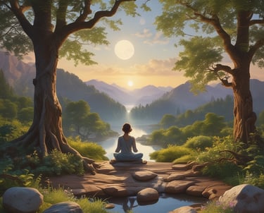 A serene scene of a person meditating outdoors surrounded by gentle natural elements like flowing water and soft sunlight.