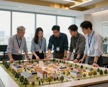 A group of North American engineers in professional gear collaborating over a large scale model in a high-tech office with burnished gold accents and large windows.