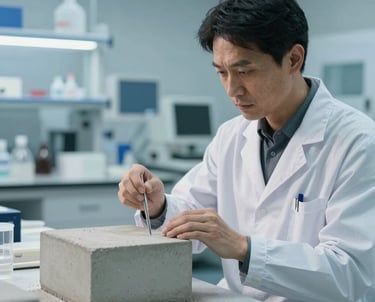 A cinematic shot of a modern laboratory setting where a material scientist is testing concrete strength. The setting is sterile and technical, using mist blue and off-white tones.
