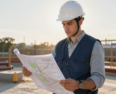 Portrait of a professional engineer in a white hardhat and navy blue vest at a North American project site. They are looking over a complex site map with confidence and reliability, backlit by evening sun.