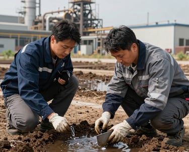 A professional environmental engineer taking water and soil samples at a large-scale industrial site in North America. They are wearing professional field gear in deep navy and steel grey.