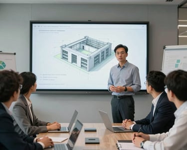 A modern North American office meeting room where a project manager is presenting a 3D structural simulation on a large screen to a board of stakeholders. Professional and reliable atmosphere.