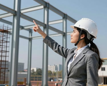 Professional female engineer in a steel grey suit and white hardhat at a North American urban development site, pointing toward a rising steel framework during a clear, bright day.