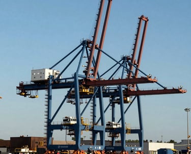 A wide shot of a North American industrial port with massive cranes and loading structures, engineered for maximum efficiency. High-contrast lighting highlights the steel blue and deep navy tones.