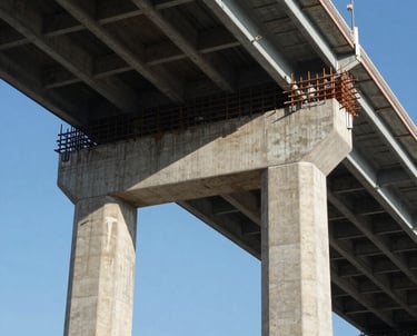 A detailed photograph of a North American bridge support structure featuring massive concrete pillars and steel reinforcements. The lighting is crisp, showing the textures of high-grade construction materials under a steel blue sky.