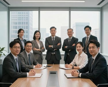 Professional engineering group photo in a modern North American boardroom. They are wearing professional attire, exuding confidence and reliability, backlit by city views.