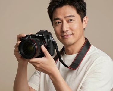 A professional portrait of a photography expert holding a high-end camera, looking directly at the viewer with a friendly and confident expression. Set against a warm, neutral background in a North American / European studio.