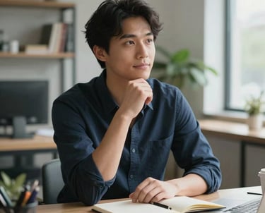 A professional portrait of a content writer sitting at a desk with a notebook, looking thoughtful and inspired. Modern North American / European workspace with soft daylight.