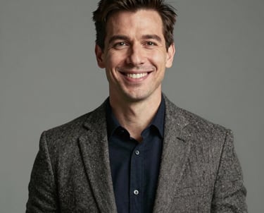 A professional portrait of a creative professional in a North American / European studio, dressed in smart-casual attire. They are smiling warmly, conveying a sense of strategic intelligence and creative passion. Soft studio lighting.