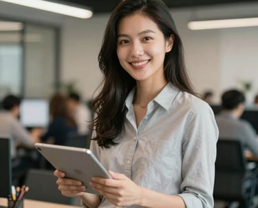 A professional portrait of a social media manager in a North American / European office setting, holding a tablet and smiling. The atmosphere is professional yet warm and creative.