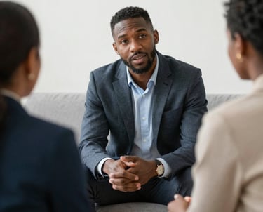 A professional consultant attentively listening to a client in a modern, cozy office.