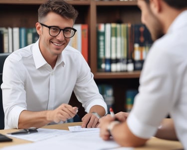 A professional consultant attentively listening to a client in a modern, cozy office.