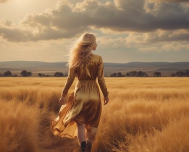 A blonde woman in a flowing gold dress walks through a golden wheat field during a glowing sunset.