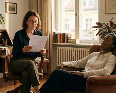 A female therapist reading notes to a relaxed patient resting in an armchair during a mental health session.