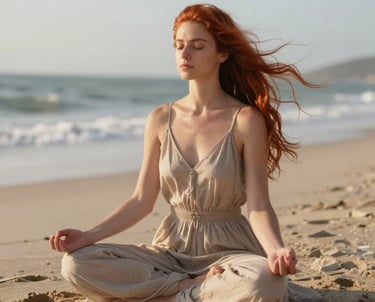 Frau die meditiert am Strand , so entspannt ist Hypnose
