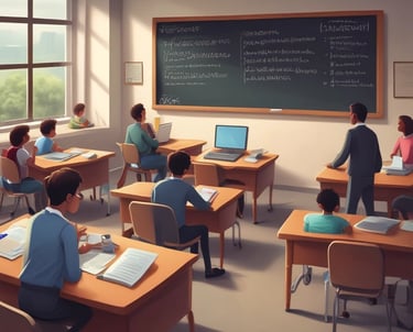 An Asian instructor engaging a small group of students in a classroom setting.