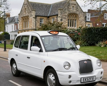A spacious taxi parked near a cruise terminal with luggage loaded and a family ready to board.
