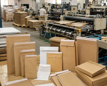 Kraft paper mailers on a production line for paper packaging manufacturing