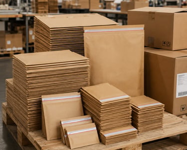 Assorted private-label kraft paper mailers prepared in bulk for packaging distributors and wholesale