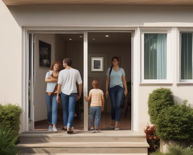 A caring insurance agent discussing options with a family in a cozy office.