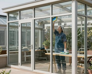 Close-up of spotless, reflective windows with clean frames on a modern building.