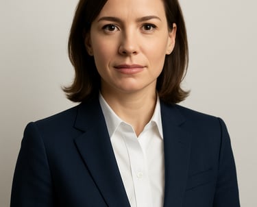 A professional headshot of a female executive in a navy blue suit, set against an off white studio background. Sharp focus, professional lighting, reflecting an authoritative and approachable mood. North American / International.