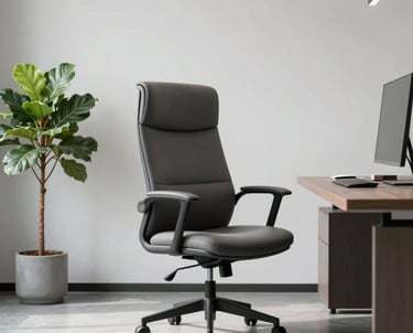 A minimalist office setting with a single plant and a high-end designer chair, evoking a sense of calm and professional order.