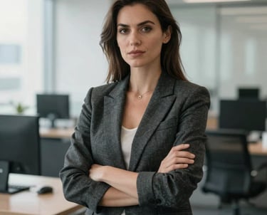 A professional portrait of a woman in a charcoal blazer in a bright, modern North American office. She looks confident and approachable.