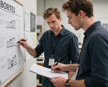 A candid photograph of two professionals in a high-end workshop environment, reviewing architectural plans and brand boards. The atmosphere is focused and collaborative.