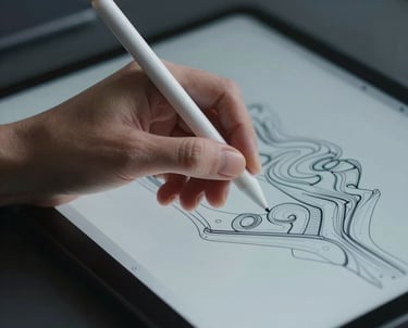 A close-up of a designer's hands using a stylus on a professional tablet, with a focus on the fine details of a digital prototype. The lighting is cool and professional.