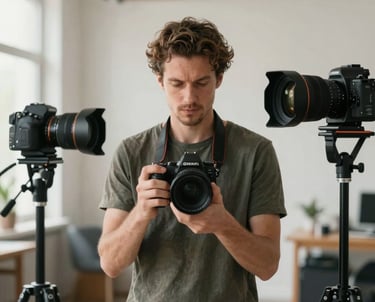 A creative studio portrait of a man with a professional camera, surrounded by high-end photography equipment. Soft, natural light.