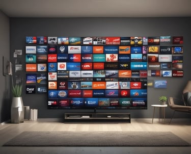 A modern TV setup showing a variety of popular channels on the screen.