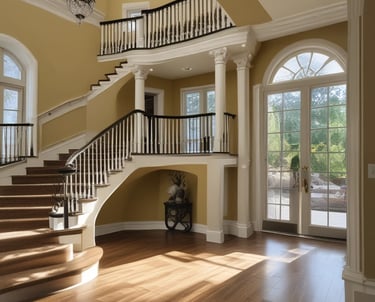 A freshly painted modern office building with bright red and white accents.
