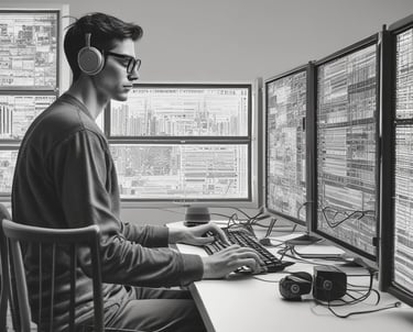 A team of developers collaborating on AI and mobile app projects in a modern office.