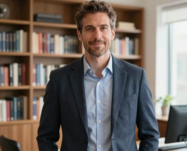 A professional portrait of a male author in North American business casual attire. He is standing in front of a floor-to-ceiling bookshelf in a well-lit home office. The lighting is bright and clean, highlighting his approachable and thoughtful expression.