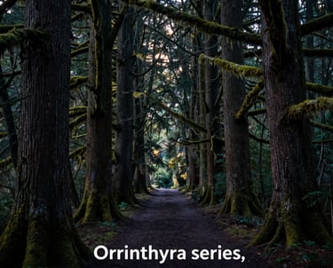 A cinematic landscape photograph of a dark, mysterious forest in North America at dusk. Ancient trees are draped in moss, and a faint trail leads into the distance, capturing the atmospheric and magical essence of the Orrinthyra series.